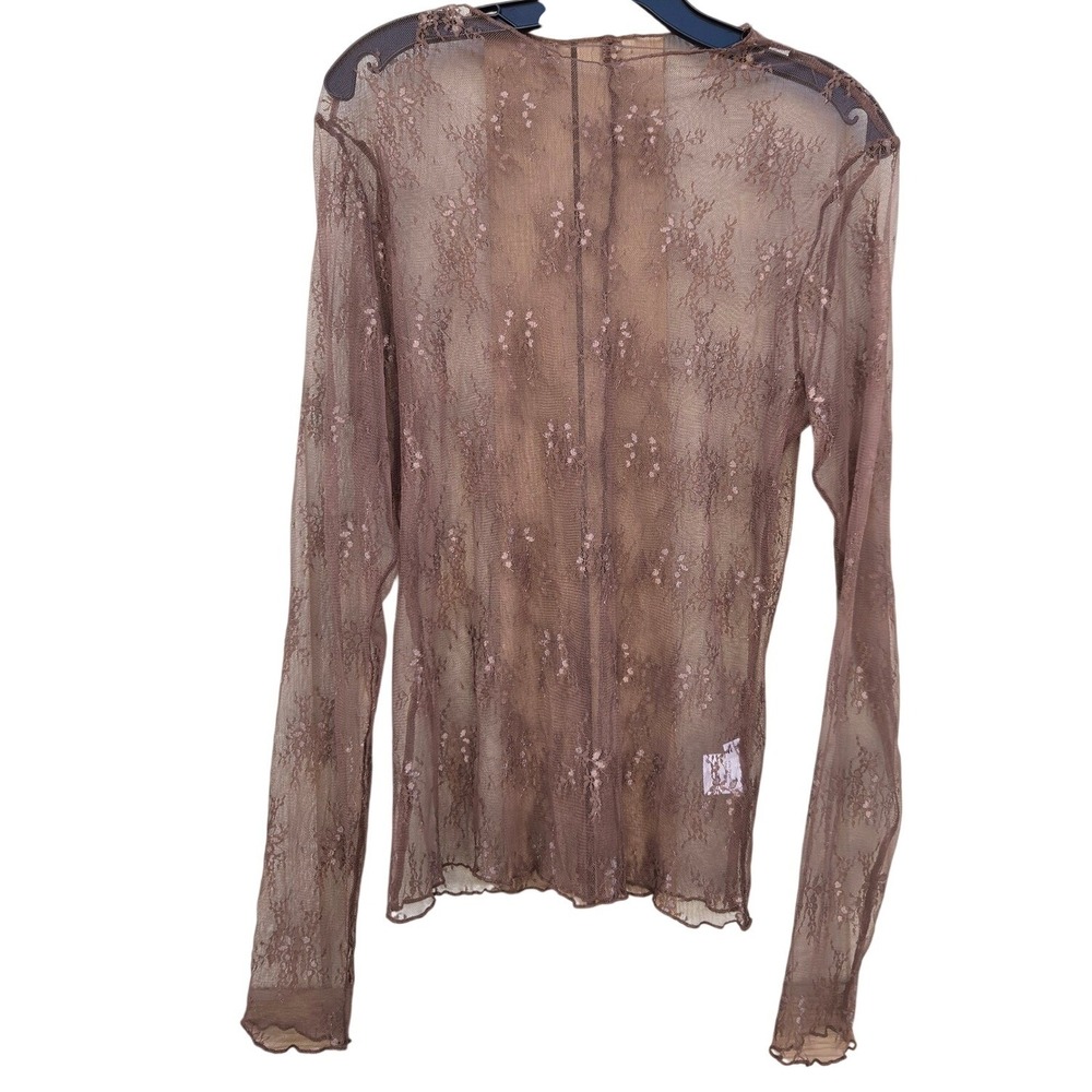 Boho Baddie Stretchy Layering Brown Floral Lace Sheer Mesh Long Sleeve Medium